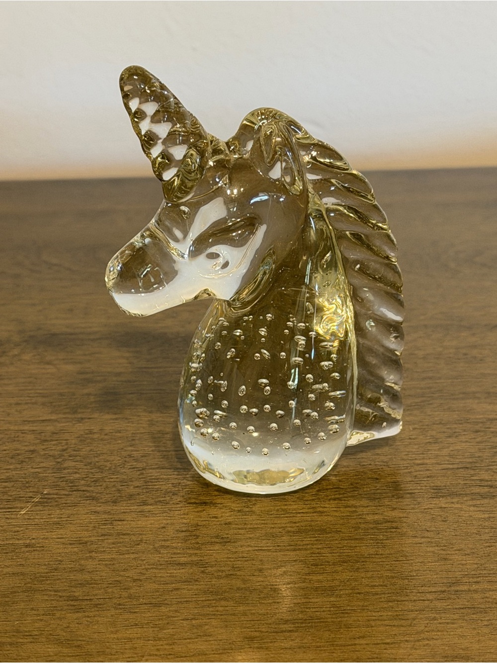 Clear Art Glass Unicorn Head Paperweight Controlled Bubbles Figurine